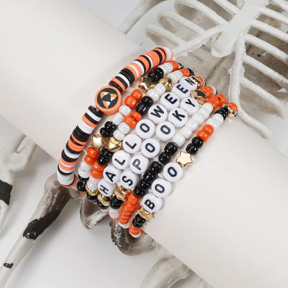 Ardorchid Halloween Bracelets for Women Spooky Boo Beaded Stackable Letter Bracelet Boho Clay Heishi Bracelets Halloween Party Jewelry