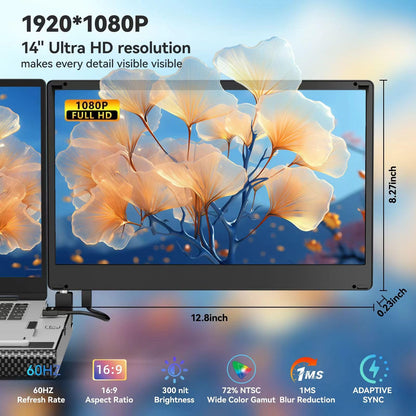 14" Dual Laptop Screen Extender with 1.3lbs - Ultra Thin Portable Monitor for Laptop Plug & Play, FHD 1080P Laptops Extended Monitor for 13"-17" Laptops, USB-C/HDMI Travel Display for Mac/Win