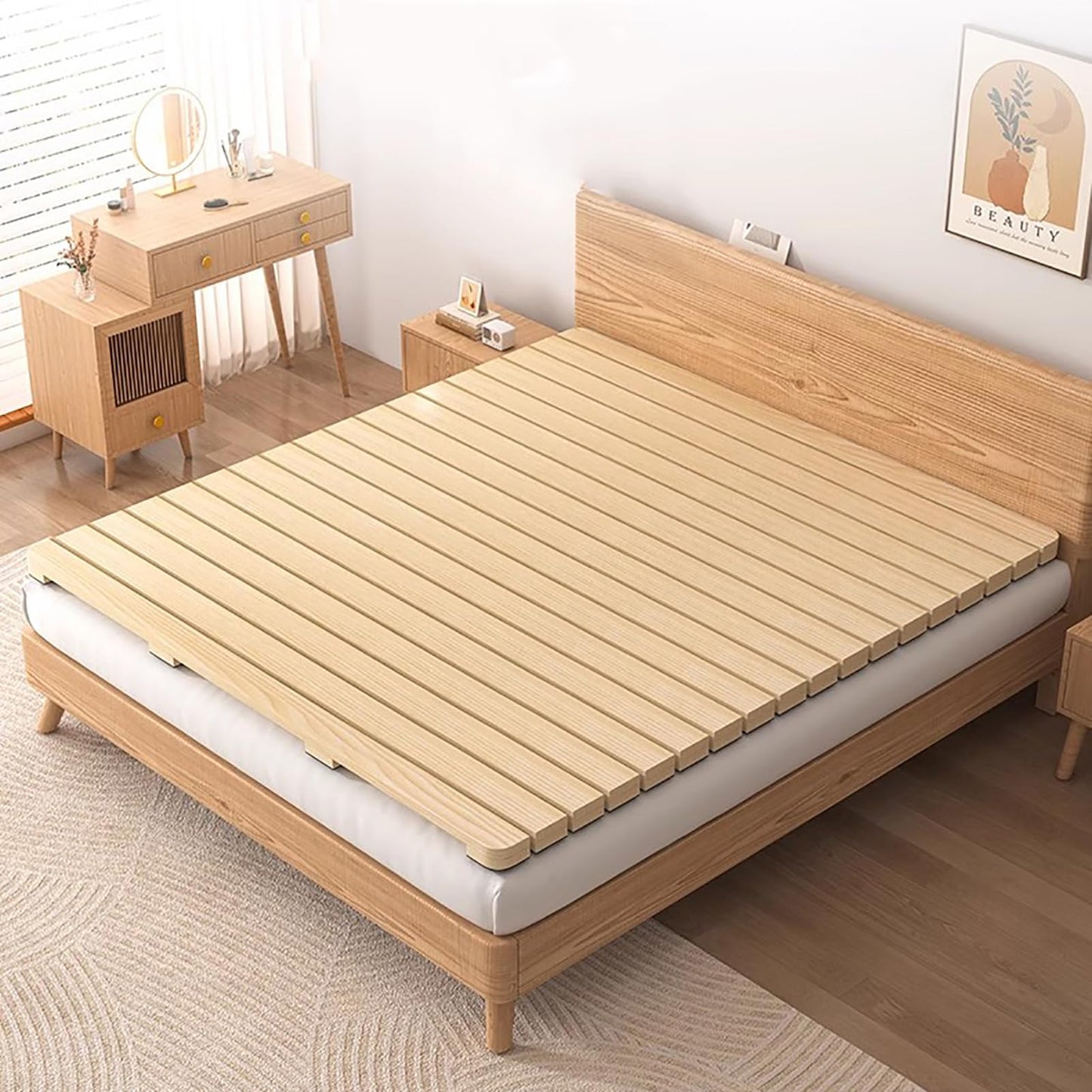 RAUMPA Japanese Floor Low Profile Platform Bed Frame Full Size, Knot-Free Wood Slatted Tatami Mattress Pallet Mat, Minimalist Zen Style to Ground No Legs Foldable Roll Portable