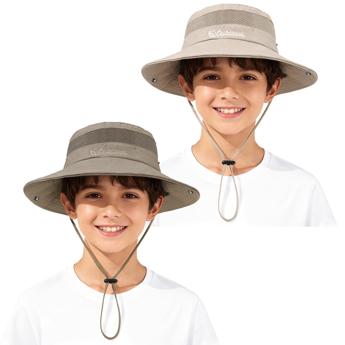 Zando 2 Pack Outdoor Kids Sun Hat UPF 50+ Waterproof Breathable Wide Brim Bucket Hat for Boys Girls Quick Dry Windproof Adjustable Chin Strap Summer Beach Fishing Travel Khaki Beige 5-13 Years