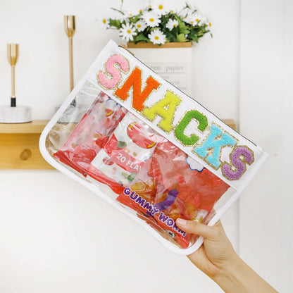 DYSHAYEN Snack Bag for Travel,Chenille Letter Clear Zipper Pouch,Nylon Clear Cosmetic Bag,Preppy Makeup Travel Bag for Women (White-Snacks)