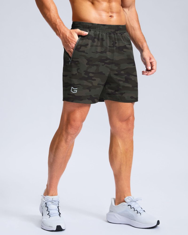 G Gradual Men's Athletic Running Shorts with Zipper Pockets Quick Dry 7"/ 5"/ 9" Workout Gym Shorts for Basketball Hiking(Green Camo,5S)