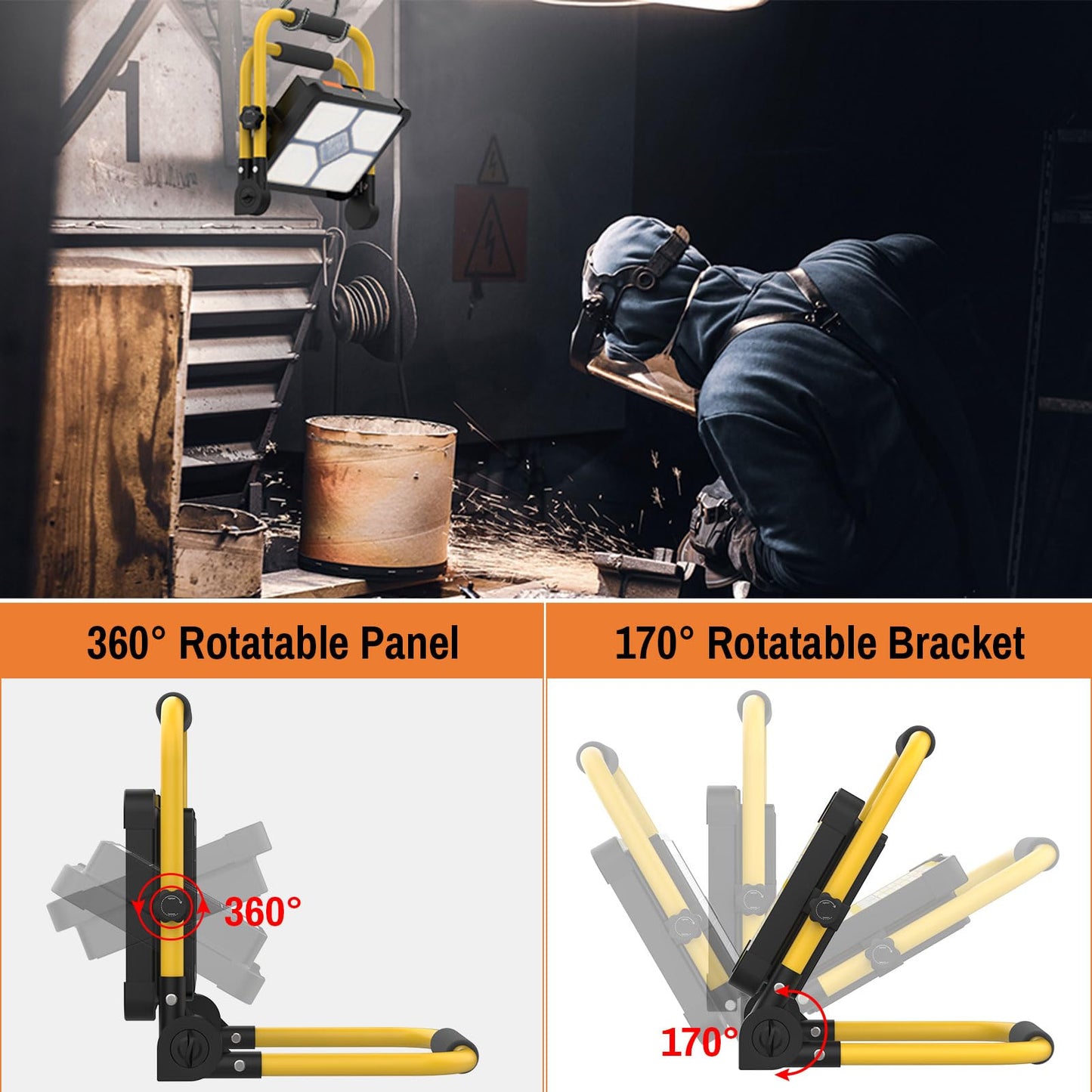 ERAY Rechargeable LED Work Light with Stand & Remote Control, 150W 10000LM Solar Portable Flood Light - 5 Dimming Modes/USB Output/Magnetic Bases, IP66 Waterproof Job Site Light for Camping Garage