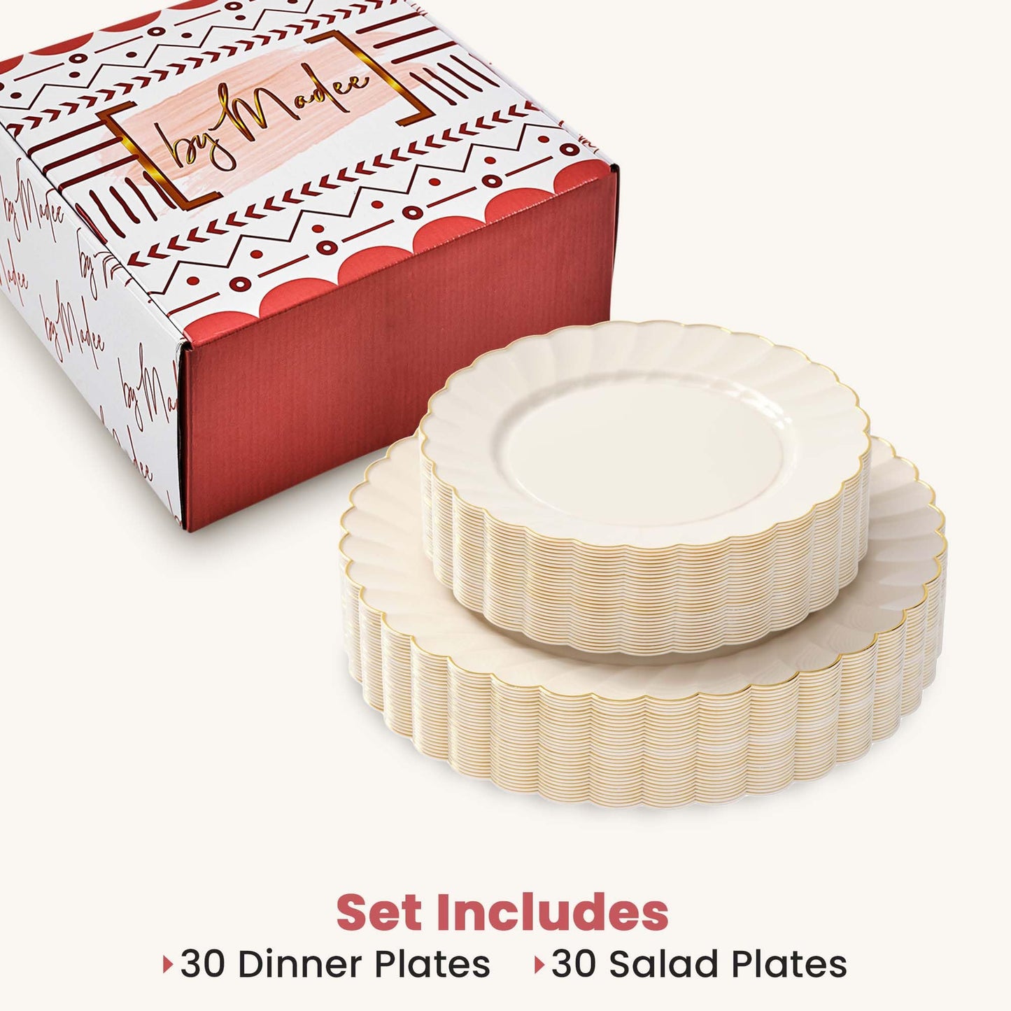 By Madee PREMIUM 60 Pc Ivory Scalloped Plastic Plates with Gold Trim – 30 Dinner & 30 Dessert Nice Plastic Plates for Party – Disposable & Elegant for Wedding, Showers, Special Moments (30 Guests)