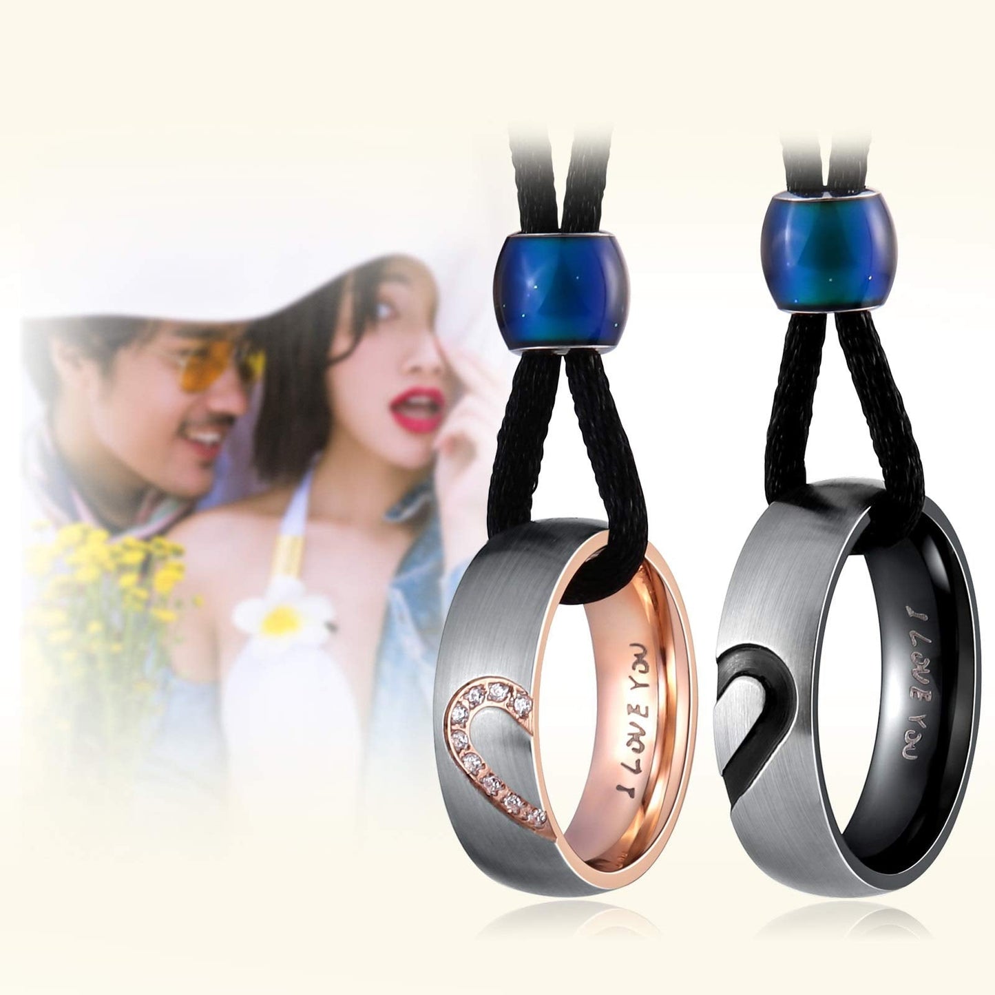 Aienid Couples Necklace for Him and Her Stainless Steel Ring Pendant Love Heart Bf and Gf Necklace for Men Women