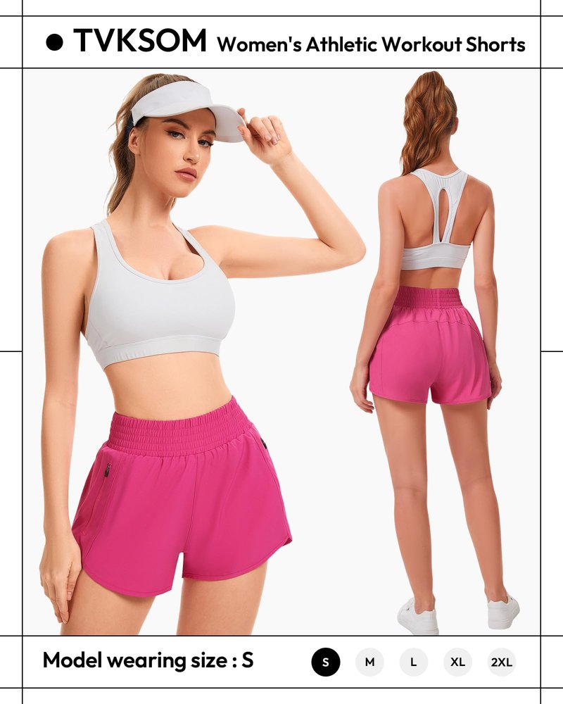 TVKSOM Women's Athletic Workout Shorts High Waisted with Zipper Pockets Gym Elastic Running Shorts for Women Casual