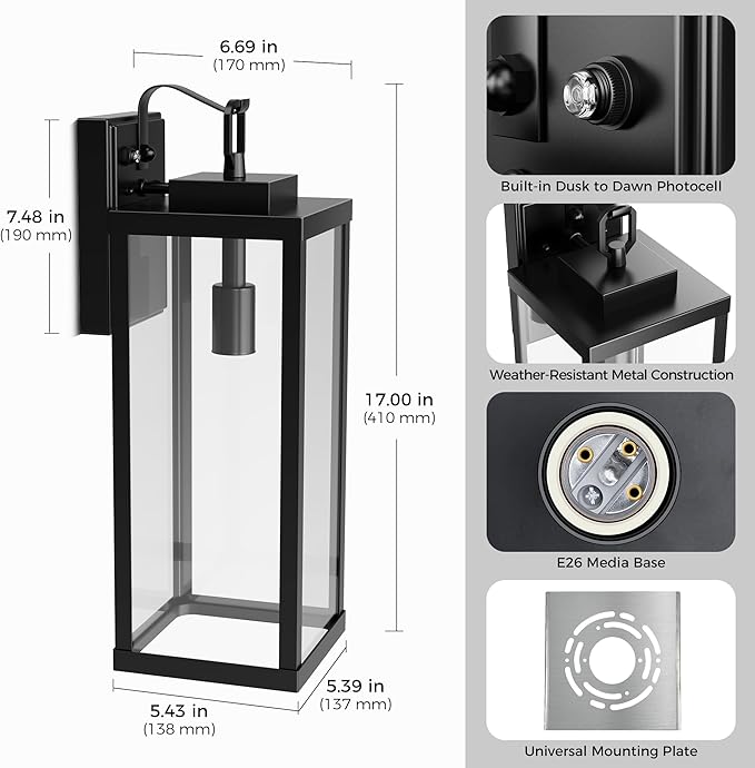 L LOHAS LED 2 Pack 17 Inch Large Size Dusk to Dawn Outdoor Light Fixture, Matte Black Waterproof Anti-Rust Porch Lights Ourdoor, Exterior Lighting Fixtures for Porch, Doorway, Garage, ETL Listed