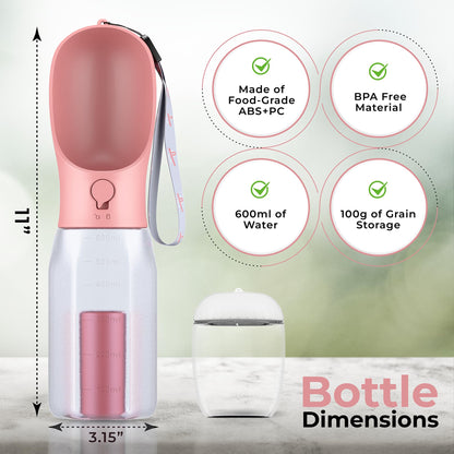 Innoshopp Dog Water Bottle - Portable Pet Water Bottle with Food Container & Poop Bag Dispenser - Lightweight, Leak Proof & BPA Free Dogs Drinking Bottle for Walking, Hiking & Travel (Pink)