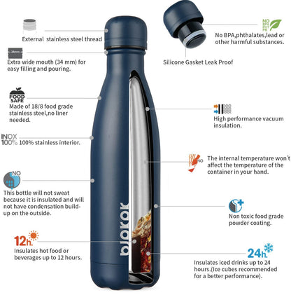 BJPKPK 17oz Insulated Stainless Steel Water Bottles,Sports Water Bottles Keep Cold for 24 Hours and Hot for 12 Hours,BPA Free for Travel,Navy blue