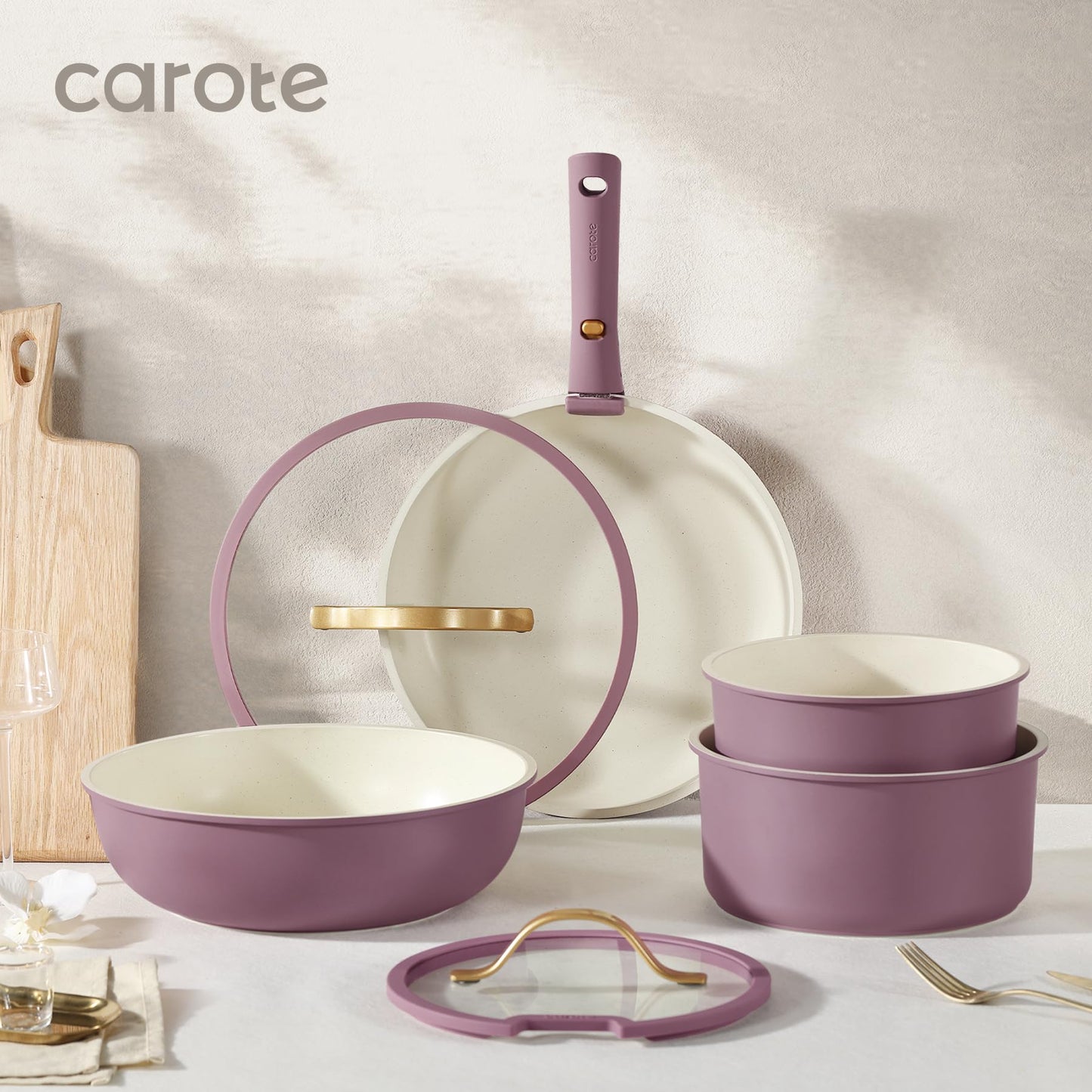 CAROTE 5pcs Pots and Pans Set, Nonstick Cookware Set Detachable Handle, Induction Kitchen Cookware Sets Non Stick with Removable Handle, RV Cookware Set, Gold and Purple