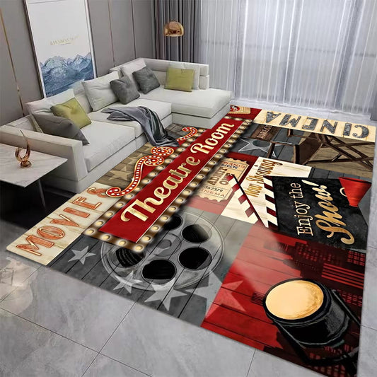 Vintage Home Theater Red Cinema Movie Theater Area Rugs Home Decor Floor Mat Non-Slip Carpets Throw Rugs Doormat Door Mats Floor Mat Movie Room Decor for Living Room Bedroom Bathroom 5'x7'