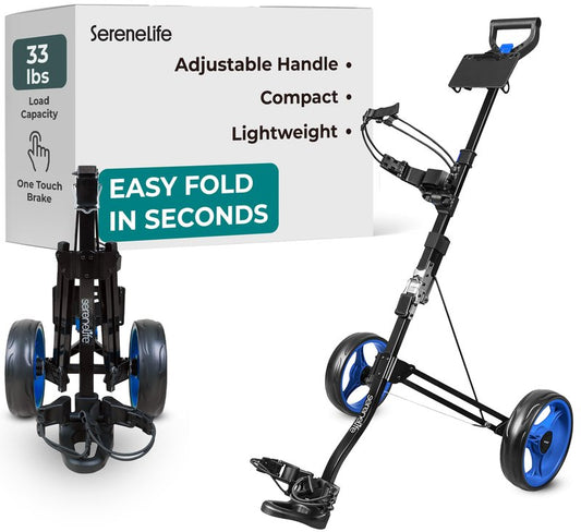 SereneLife Golf Push Pull Cart with Deluxe Scorecard Holder, Adjustable Handle, Upper & Lower Strap Brackets, Lightweight Foldable Design with Quick Brake & Compact Folding