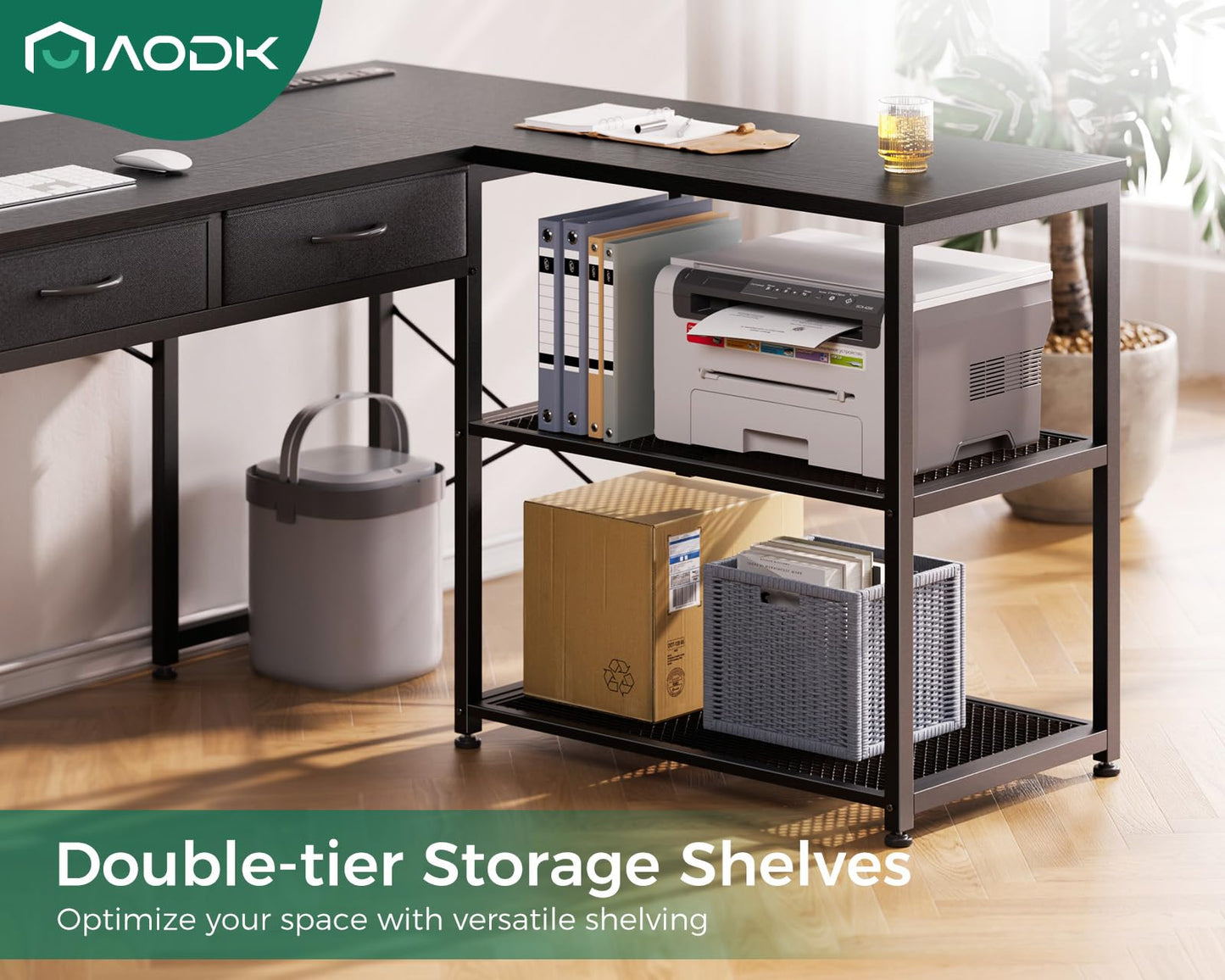 AODK 53 Inch L Shaped Computer Desk with Drawers, Corner Desk with Power Outlets & Reversible Storage Shelves, Movable CPU Stand for Home Office Gaming, Black