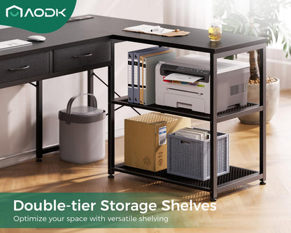 AODK 53 Inch L Shaped Computer Desk with Drawers, Corner Desk with Power Outlets & Reversible Storage Shelves, Movable CPU Stand for Home Office Gaming, Black