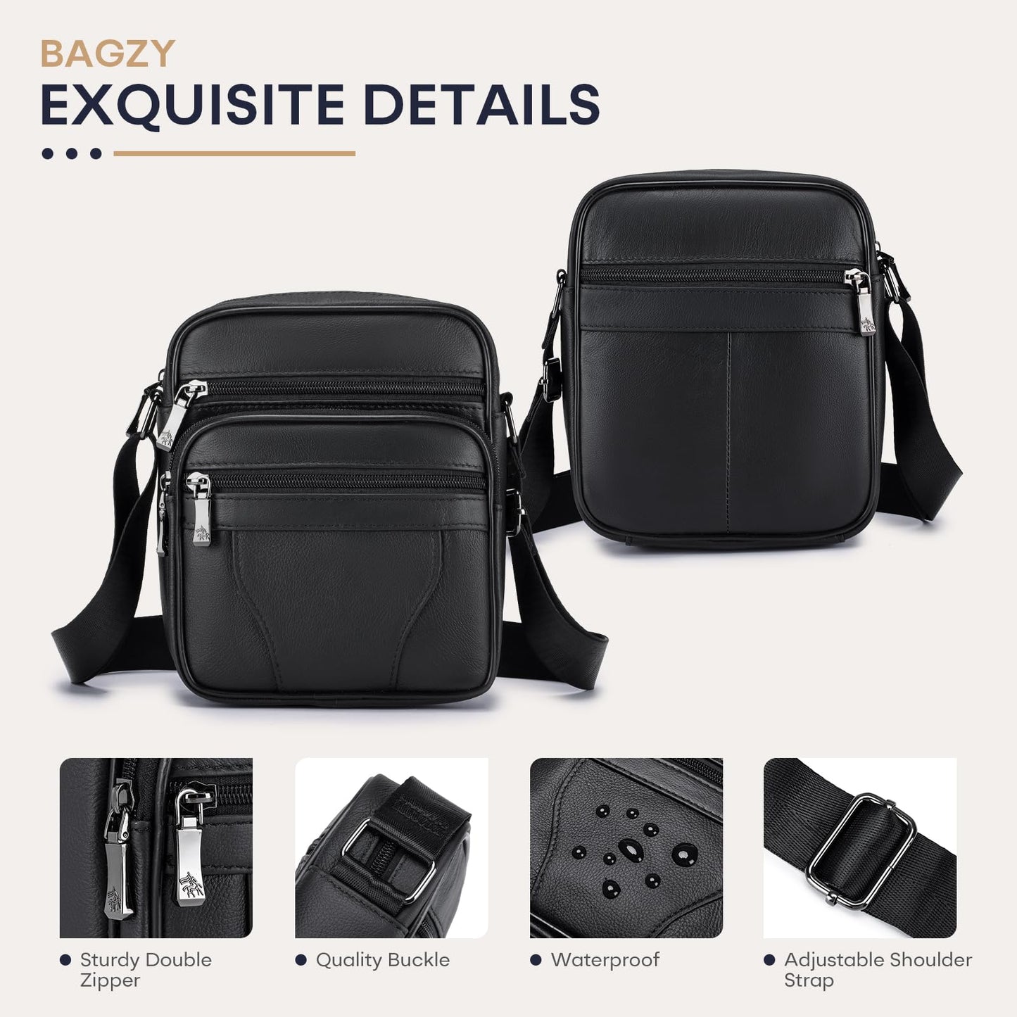 BAGZY Mens Genuine Cowhide Leather Shoulder Bag Ipad Case Bag Messenger Bag Crossbody Satchel Handbag Top-handle Travel Business bag for Kindle Tablet Wallet Purse Mobile Phones Black