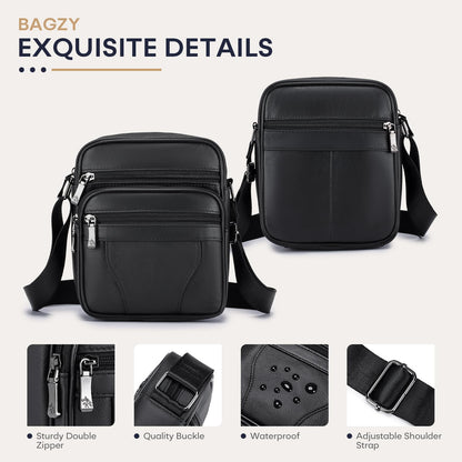 BAGZY Mens Genuine Cowhide Leather Shoulder Bag Ipad Case Bag Messenger Bag Crossbody Satchel Handbag Top-handle Travel Business bag for Kindle Tablet Wallet Purse Mobile Phones Black
