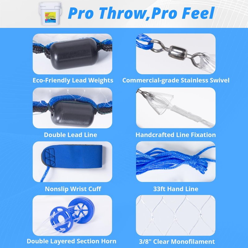 1.3 lbs/ft Fishing Cast Net with Eco-Friendly Lead Weights, 3/8inch Mesh Size, Throw Nets for Freshwater & Saltwater, 4/6/8/10/12 Ft Radius Casting Net (10 ft Radius)