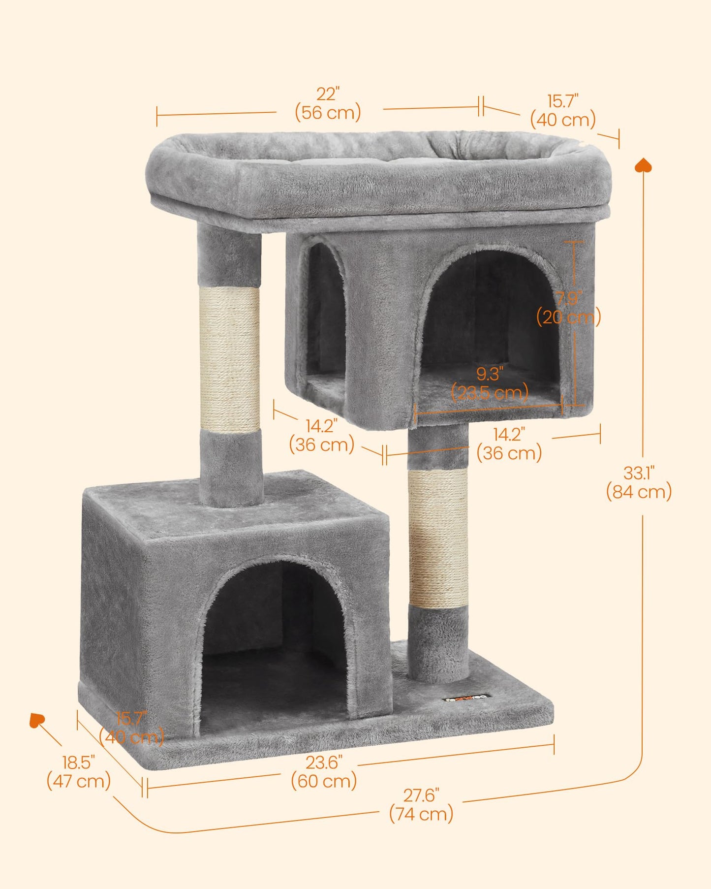 Feandrea Cat Tree, 84 cm Tower, L, Perch Condo for Large Cats up to 7 kg, 2 Caves, Scratching Post, Light Grey PCT61W
