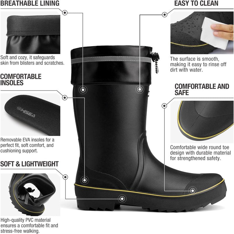 HISEA Men's Waterproof Rain Boots - Lightweight PVC Rubber Mid-Calf Work Shoes for Fishing & Gardening