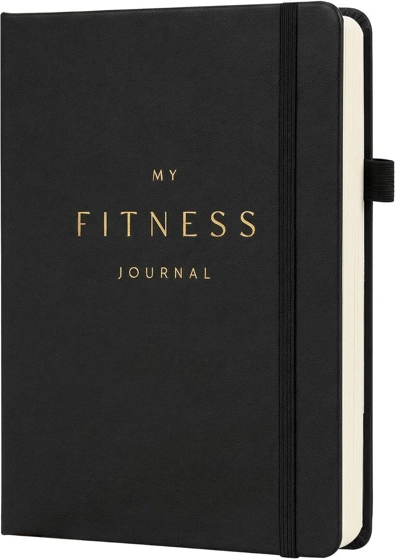 Workout and Food Journal - Fitness Tracker & Exercise Log Book | A5 Size, Leather Hardcover (Black)