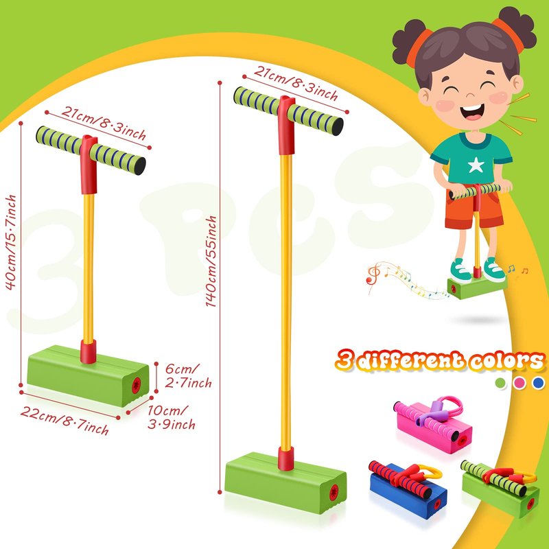 Jerify 3 Pcs Pogo Stick Foam Jumper Toy Foam Pogo Fun and Safe Jumping Stick for Kids Ages 3 and up Outdoor Indoor Toys Gift for Christmas, Makes Squeaky Sounds with Each Hop, Supports up to 250lbs