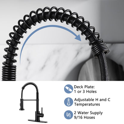 DJS Kitchen Faucets with Pull Down Sprayer Matte Black - Dual Mode Setting Single Handle 1 or 3 Holes Commercial Black Kitchen Sink Faucet with Deck Plate for Farmhouse RV Vessel Basin