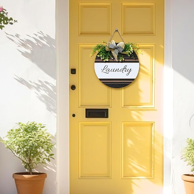 Laundry Door Sign Laundry Room Wood Hanging Signs for Front Door With Wreath And Bow Farmhouse Rustic Vintage Round Plaque for Washer And Dryer Room Wall House Decoration 12 Inch