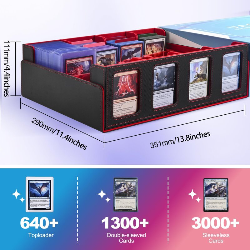UAONO Trading Card Storage Box with Commander Display; 2400+ Deck Box for MTG with Removable Cover; Top Loaders Card Case fits Magic TCG PTCG Sports Cards; 24 Dividers, 4 Stoppers (Black, Red)