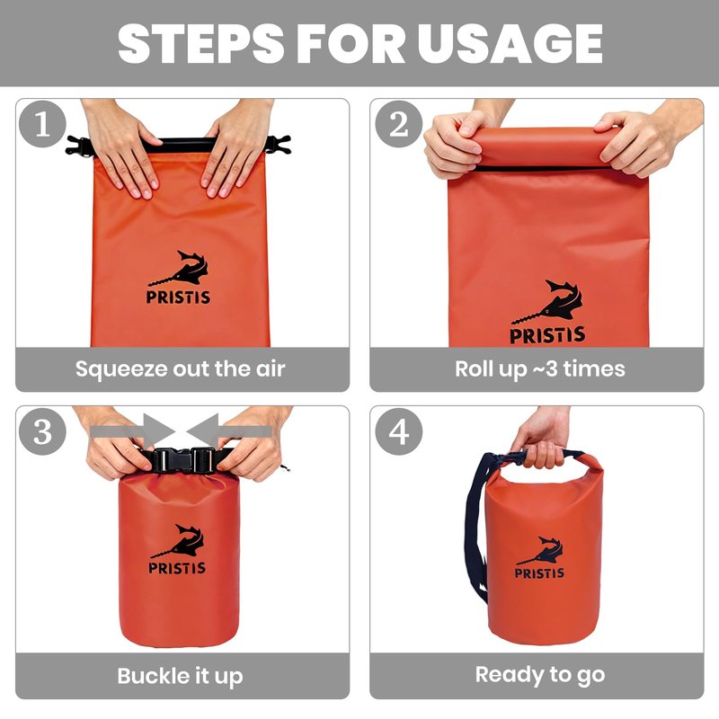Pristis Waterproof Dry Bag, 5L Lightweight Floating Kayak Storage Backpack for Men Women, Durable Outdoor Roll Top Dry Sack Gear Accessory for Kayaking Fishing Rafting Beach Camping, Orange