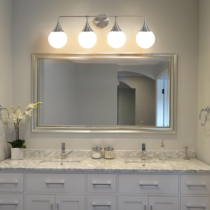 Bathroom Vanity Light Fixtures: 4 Lights Mid Century Modern Bathroom Lighting Fixtures Over Mirrors - Brushed Nickel Wall Sconce with Milky Glass Ball Shades for Bath Bedroom