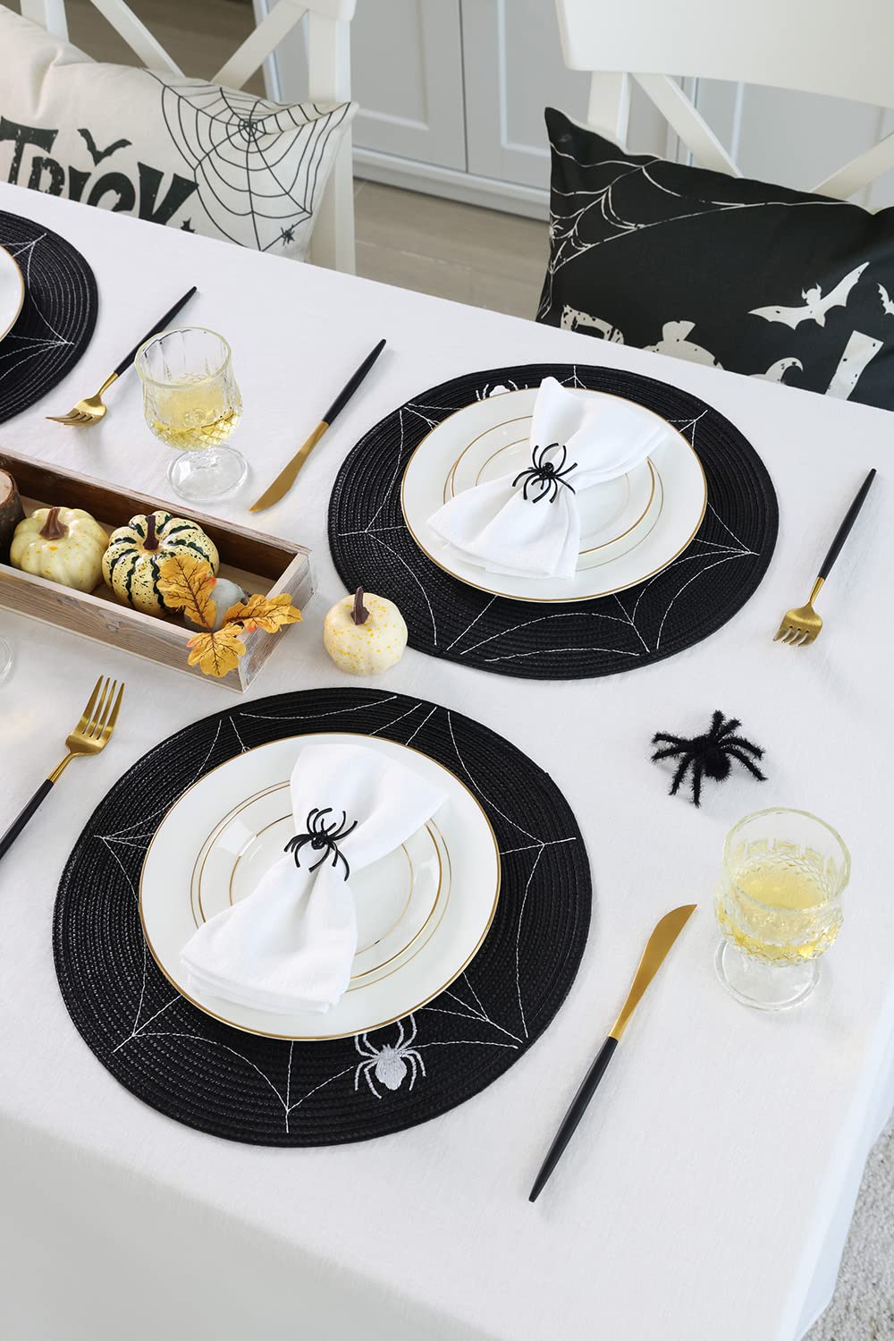 Feuille Round Halloween Placemats Set of 4 13.5 Inch Spider Web Placemats for Round Tables Black and White Spider Placemats Perfect for Halloween Decorations Indoor