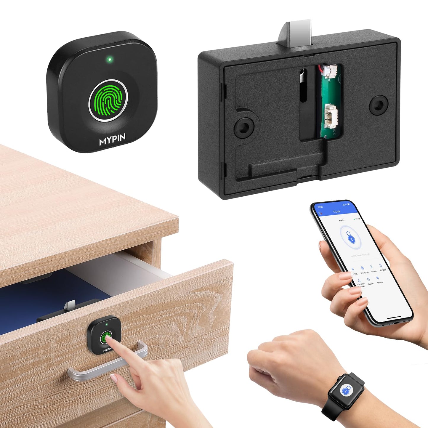 Bluetooth Fingerprint Cabinet Lock With Phone/Watch App Unlock, Smart Biometric Keyless Hidden File Drawer Wardrobe Lock, Child Safety Electric DIY Wooden Furniture