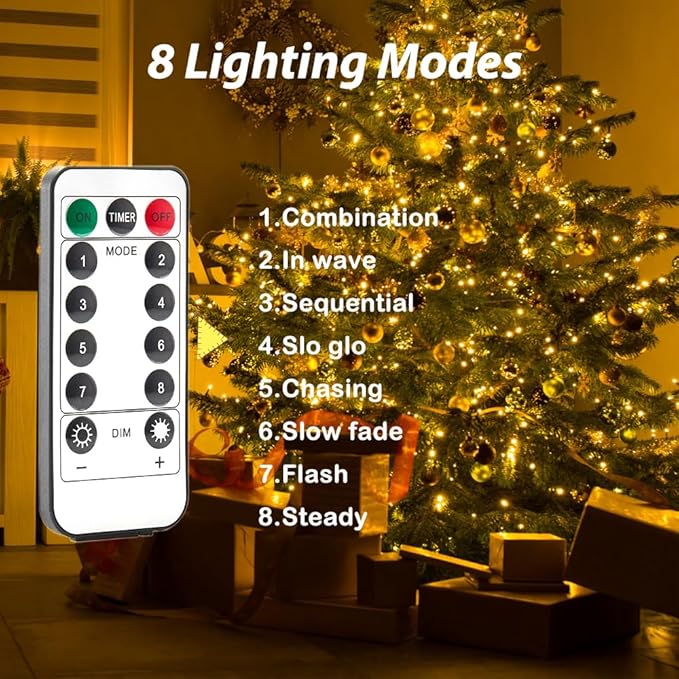 Warm White 164Ft Plug in Fairy Lights Silver Wire 500 LEDs, 8 Modes, Waterproof, Remote - Controlled for Bedroom, Garden, Party, Christmas, Wedding & Birthday Decor, Indoor & Outdoor Use