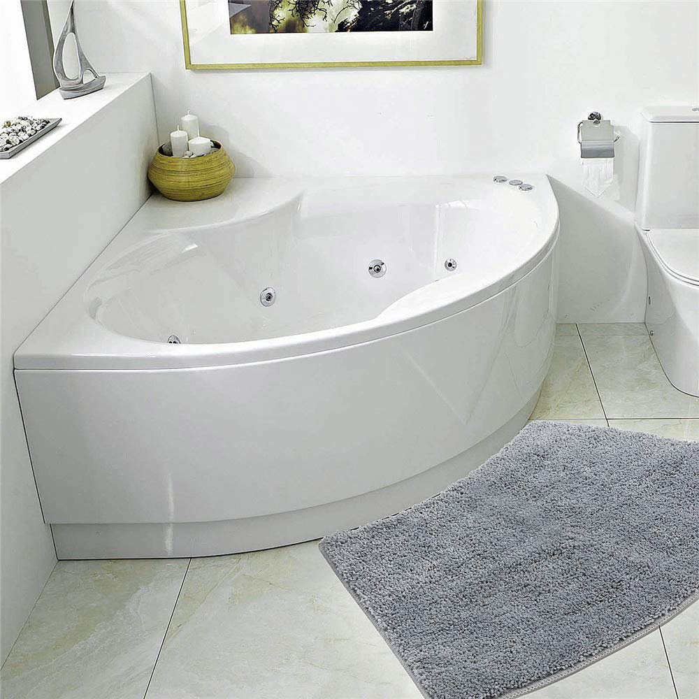 Seavish Luxury Grey Shag Curved Bath Rug, 18 x 30 inch Non Slip Microfiber Soft Absorbent Fanned Shower Mats Washable Bathroom Rug Corner Bath Tub Floor Carpet for Quadrant Shower Stall