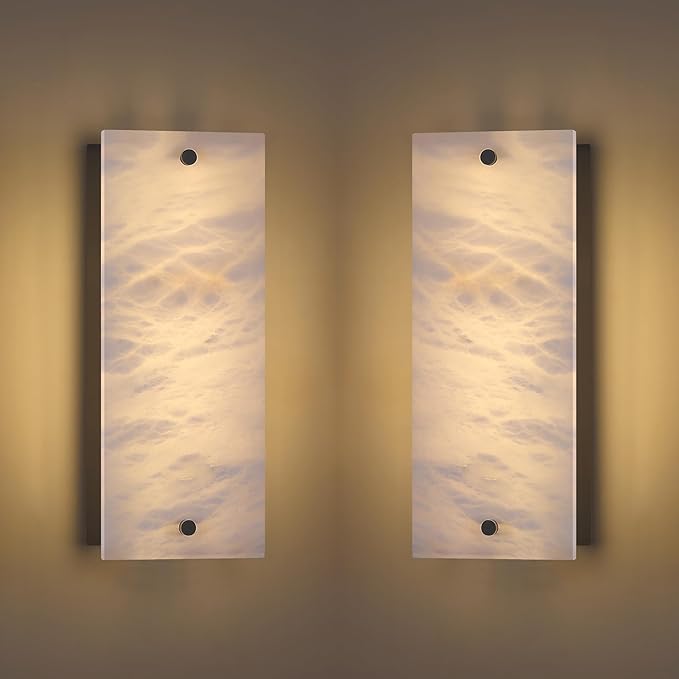 2 Pack 2 Light 13" Alabaster Marble Bathroom Wall Sconce Modern Concise Style Wall Light Fixture,Black Finish for Bedroom Hallway Bedside