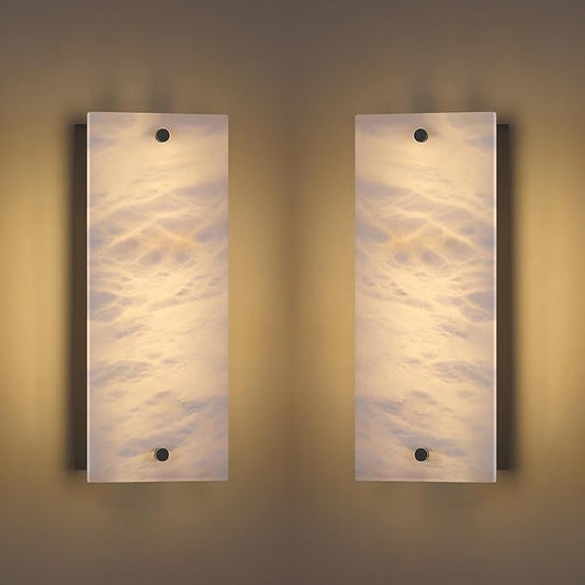 2 Pack 2 Light 13" Alabaster Marble Bathroom Wall Sconce Modern Concise Style Wall Light Fixture,Black Finish for Bedroom Hallway Bedside
