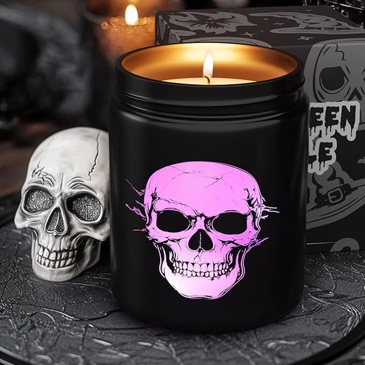 Halloween Decor Indoor-Halloween Gifts Candles with LED Skull Face, Leather Candle for Men Over 40 Hours of Burn Time, Gift for Husband, Friends, Home Decorations Indoor, 100% Soy Wax