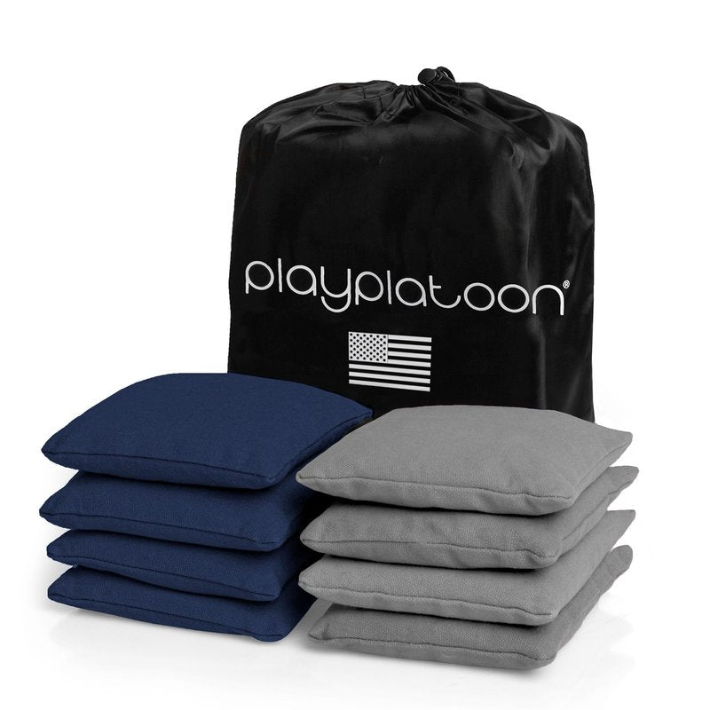 Play Platoon Weather Resistant Cornhole Bags - Set of 8 Regulation Size - Navy Blue & Gray - Durable Duck Cloth for Tossing Game, Includes Tote Bag