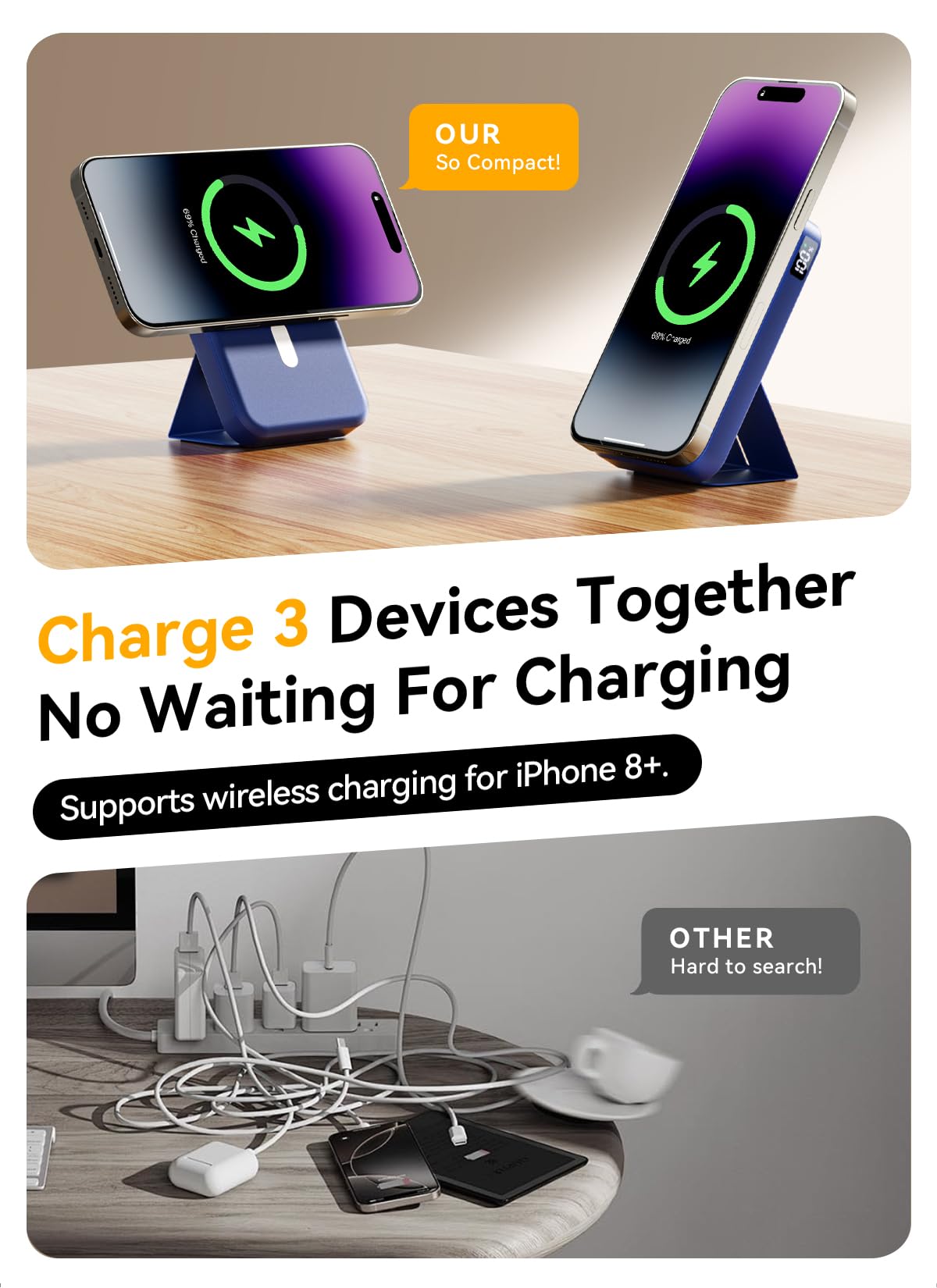 Magnetic Portable Charger, 10000mAh Wireless Power Bank with 20W USB-C Fast Charging, Foldable Stand & LED Display Magnetic Battery Pack, Compatible with iPhone 16/15/14/ All Series