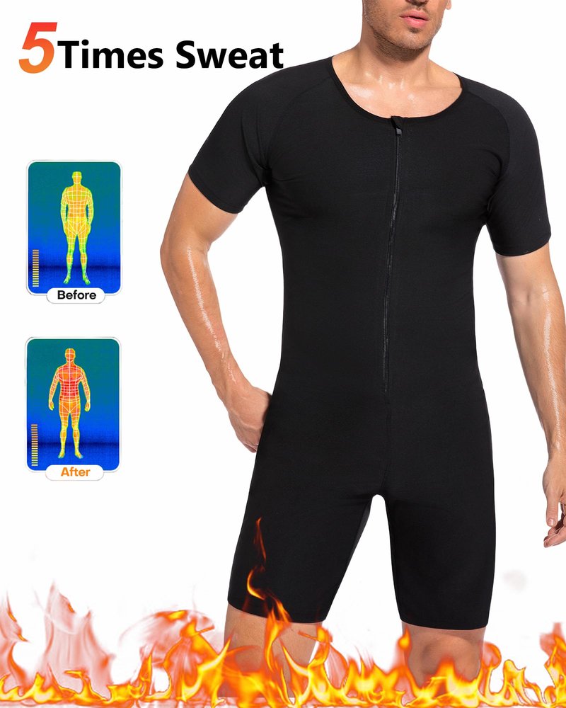FUXERT Sauna Suit for Men 3 in 1 Slimming Full Body Sauna Jumpsuit Mens Waist Trainer for Workout(BK L)