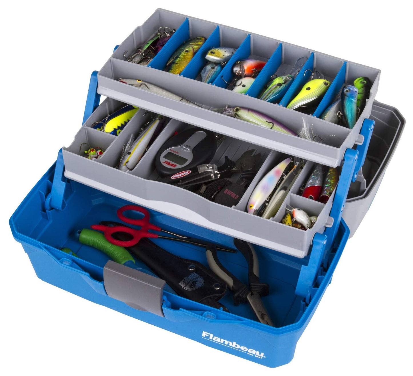 Flambeau Outdoors 6382TB 2-Tray Tackle Box - Classic Fishing Lure Storage Organizer, Medium Portable Tackle Box, 15 Tray Compartments, Blue/Gray