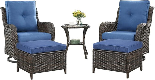 Rilyson Patio Furniture Swivel Chairs Set - 5 PC Wicker Rattan Outdoor Sectional Conversation Sets with 2 Swivel Rocking Chairs,2 Ottomans and 1 Side Table for Porch Deck(Brown/Blue)