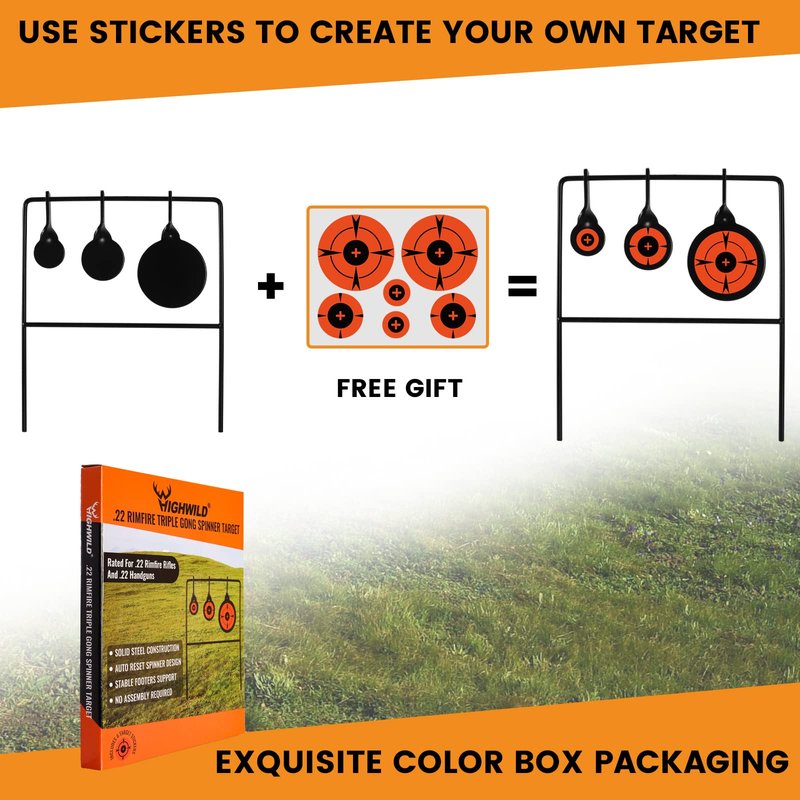 Highwild Triple Gong Spinner Target - Rated for .22 Rimfire Rifles and .22 Handguns - No Assembly Required