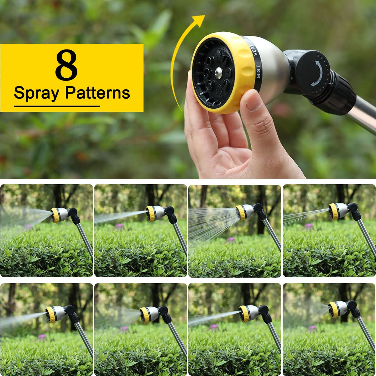 FANHAO 16 Inches Garden Watering Wand, 180° Rotating Head Hose Wand with Thumb Control Shut Off Valve 8 Patterns Heavy Duty Garden Hose Nozzle Yellow
