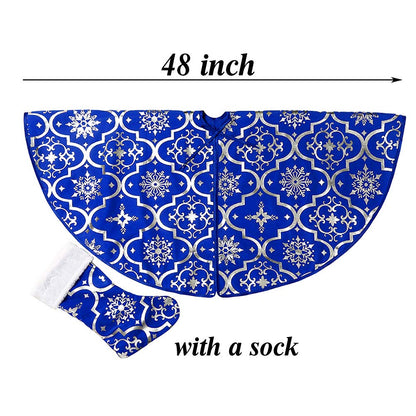 Christmas Tree Skirt, 48 inches Large Red Flannel Tree Mat with Gilded Christmas Patterns Skirt for Xmas Tree Holiday Party Decorations Indoor Outdoor with 1 Christmas Stocking (Blue)