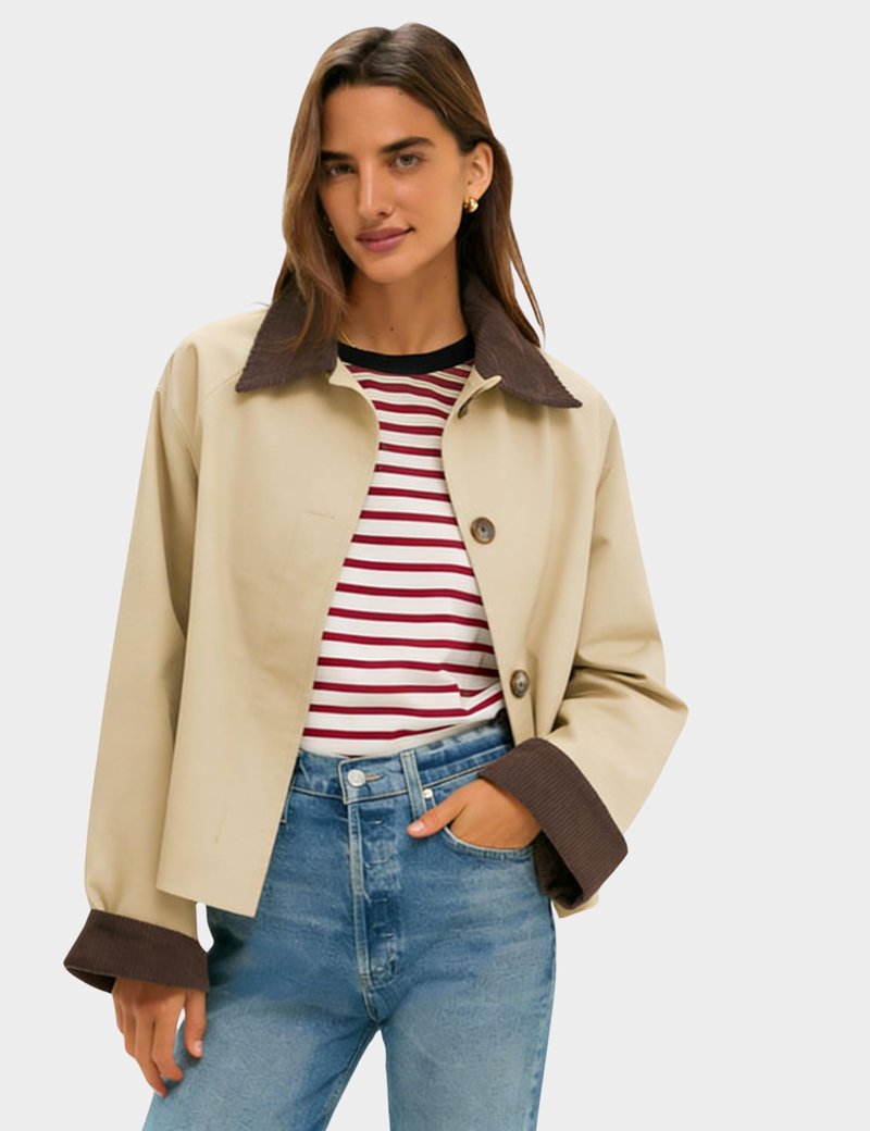 Lviefent Womens Contrast Collar Jacket Casual Button Down Long Sleeves Crop Trench Coat Outerwear with Pockets (Khaki-M)
