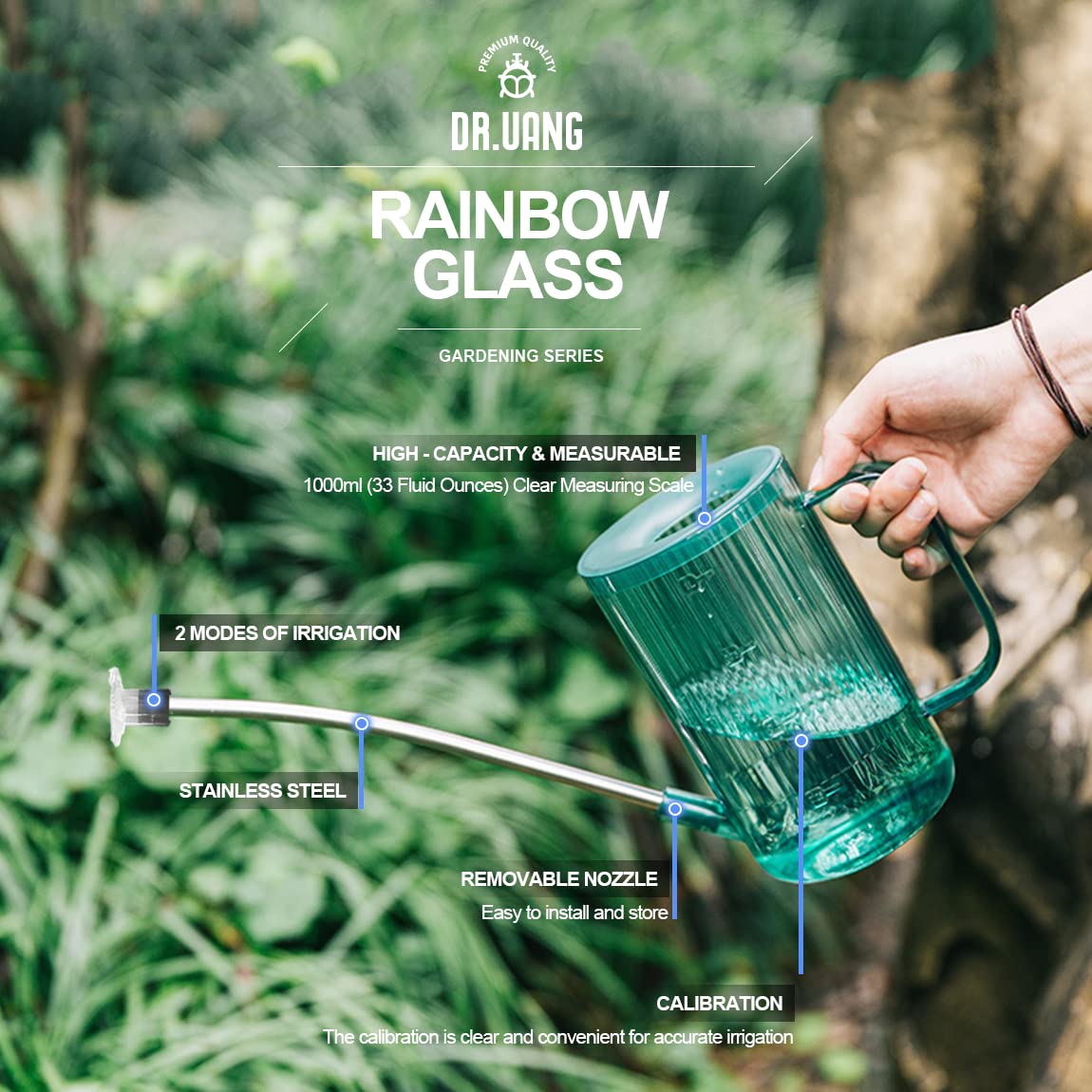 DR.UANG Small Watering Can Indoor Plants with Long Spout (1L, Emerald)