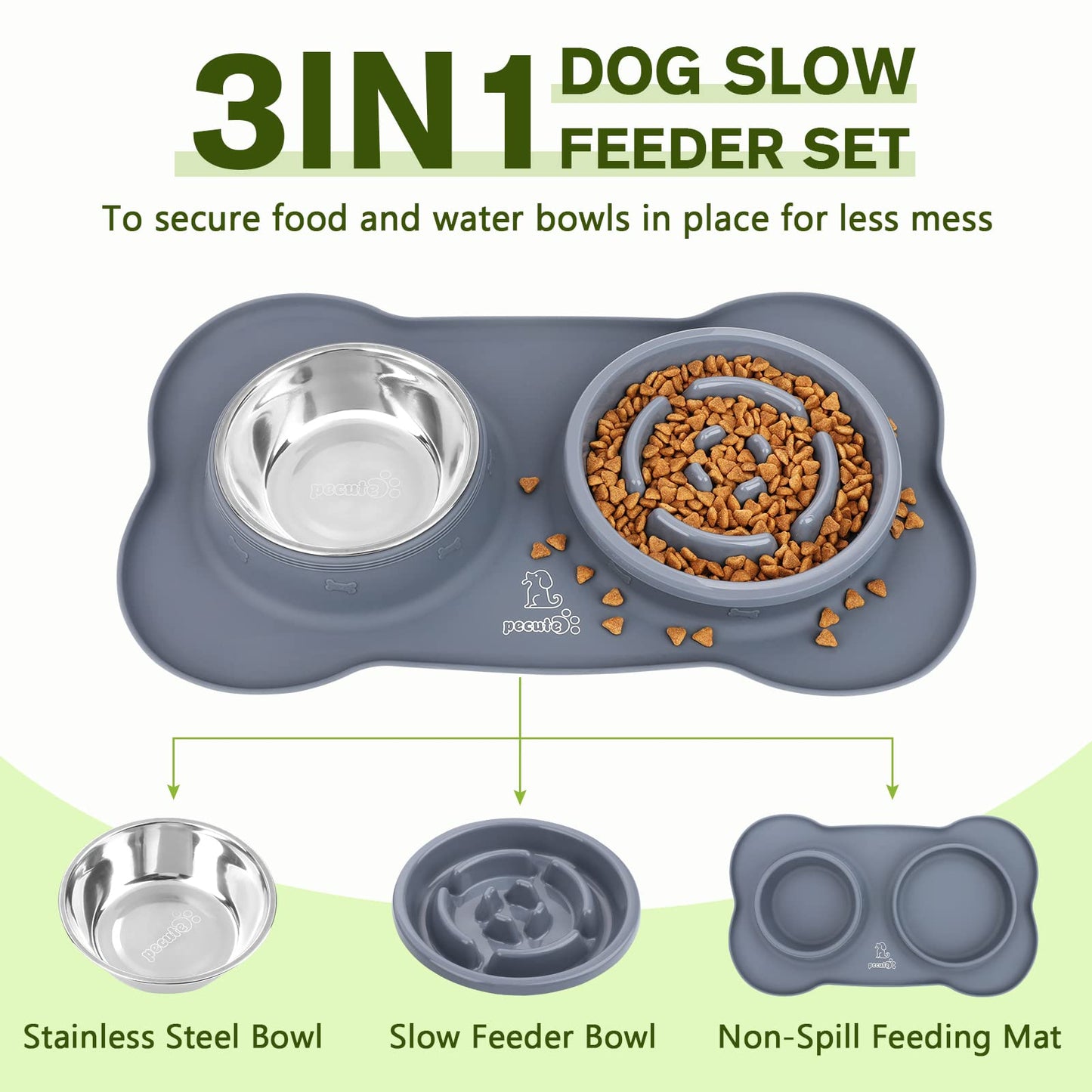 pecute Dog Bowls to Slow Down Eating, Slow Feeder Dog Bowl, Dog Slow Feeder Bowl Food-Grade Safe with Non-Slip Non-Spill Silicone Mat, Stainless Steel Slow Feeder Cat Bowl Interactive Fun for Dog Cat