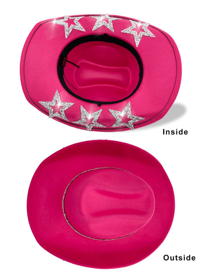 JICASTO Cowboy Hat for Women Men 6 Sparkly Stars Brim & Rhinestone Belt Western Cowgirl Hat with Sunglasses Bandanas (US, Alpha, One Size, Hot Pink)