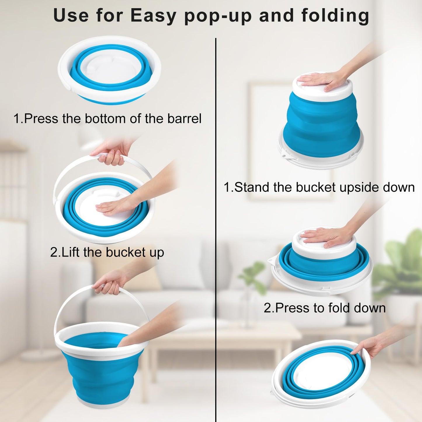 10L Collapsible Mop Bucket with Handle for Cleaning, Portable Car Wash Bucket Garden Cleaning Supplies, Ice Buckets for Parties Camping Fishing, Foldable Wash Basin Tub RV Accessories Household Use